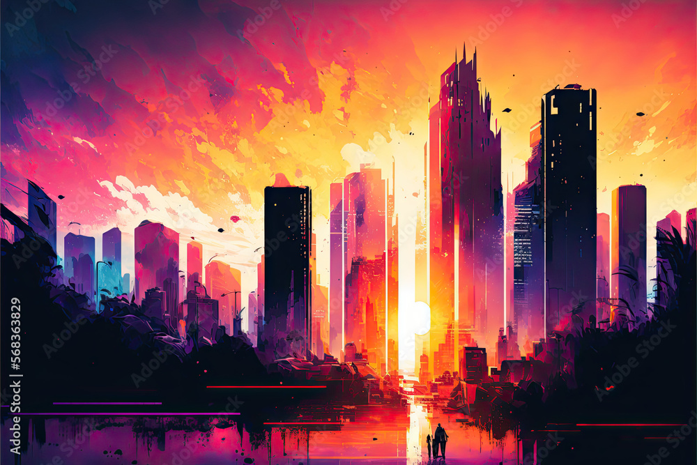 City skyline in the watercolor city. sunset city. architecture display. modern architecture. generative ai