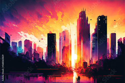 City skyline in the watercolor city. sunset city. architecture display. modern architecture. generative ai