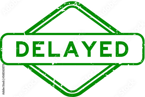 Grunge green delayed word rubber seal stamp on white background