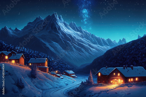 The wonderful starry sky on Christmas time and the majestic high mountain range of the Italian Alps, with glowing villages below. Generative AI photo