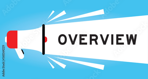 Color megaphone icon with word overview in white banner on blue background