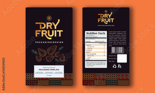 Dry fruits label design, Stand up Pouch Label Illustration. Almond label, Cashew, Peanut pouch, walnut label front back nutritional facts packaging design