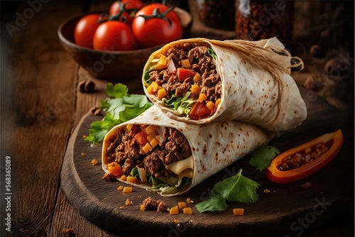 Burritos stuffed with meat and vegetables generative ai Mexican food.
