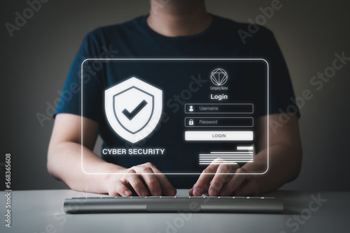 Man typing username and password on virtual screen. Cyber security, data protection, safety internet network access, user personal information privacy concept.
