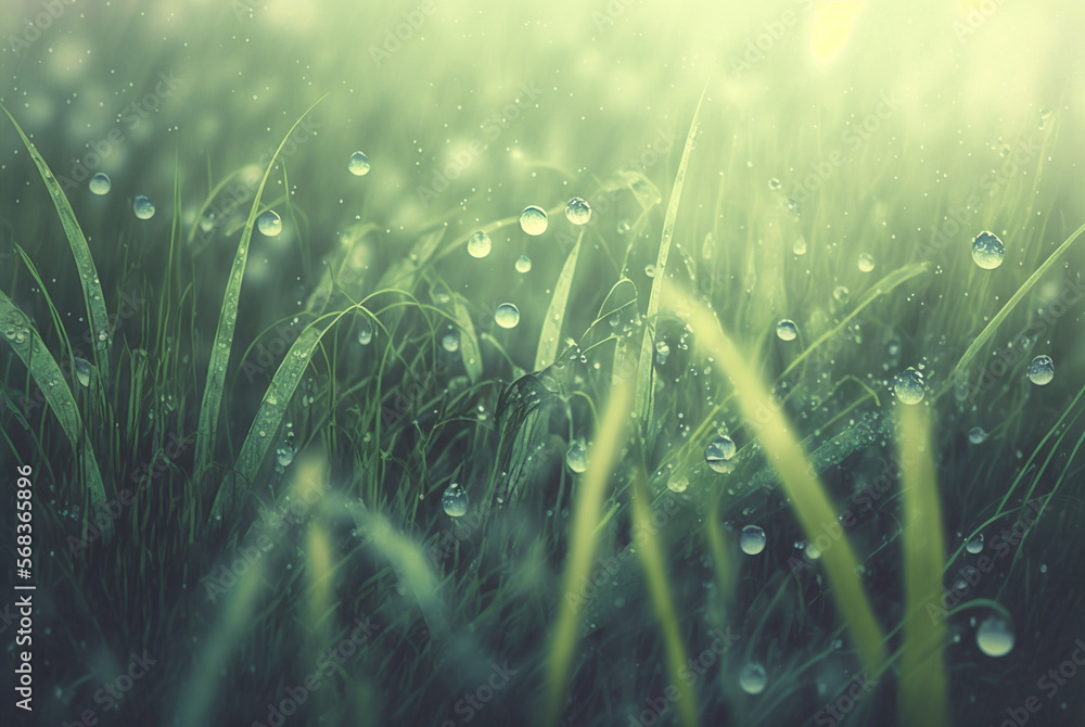 Background with green grass and water drops. AI generated image.	