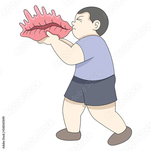 fat boy is trying to blow a shell instrument