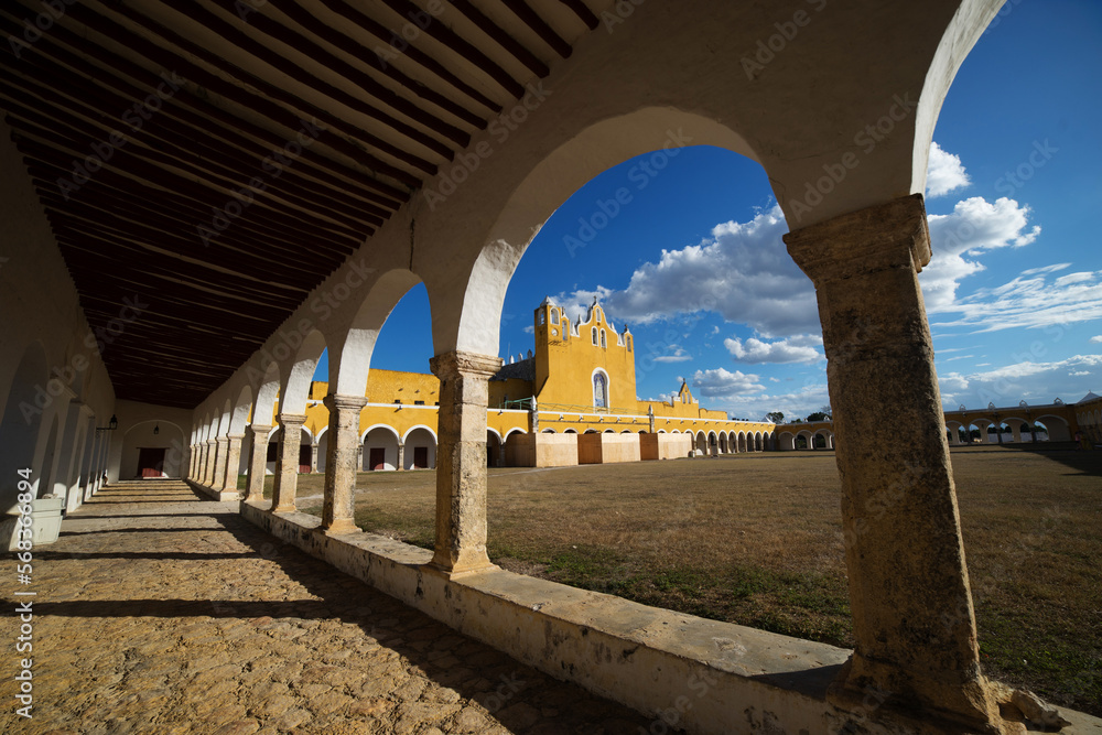 arches of the yellow monastery in Izamal mexico