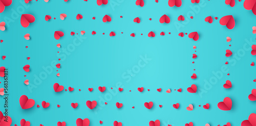 Valentine day greeting concept. Red hearts frame on blue background top view. Flat lay style.