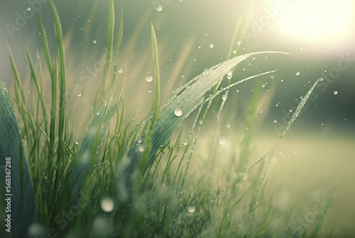 Background with green grass and water drops. AI generated image. 