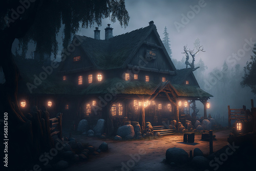 medieval tavern by the road at dusk in a dark forest, created by a neural network, Generative AI technology photo