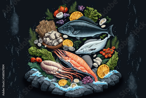 Arrangement of fresh seafood and fish against a background of black stone. Generative AI