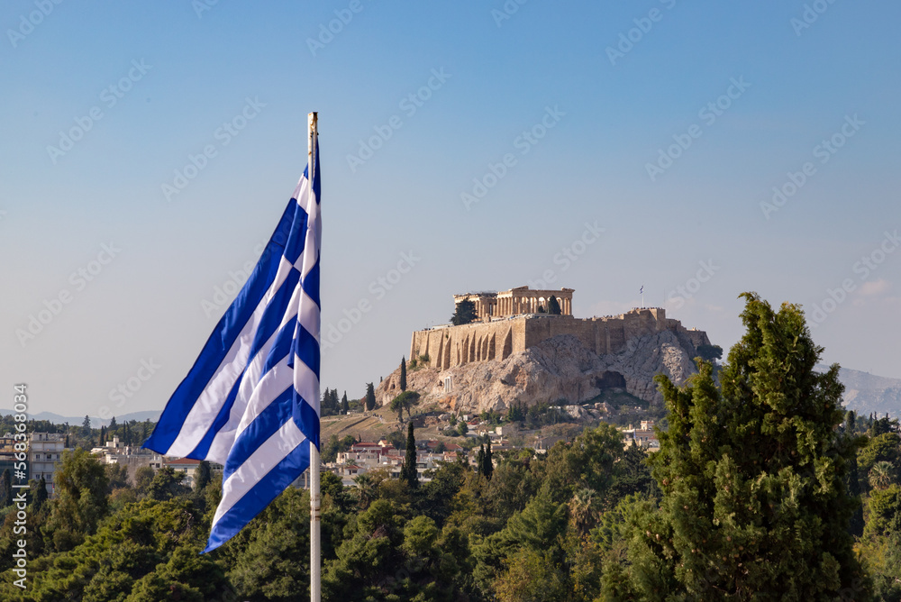 Acropolis of Athens - Pathenon and Greek Flag