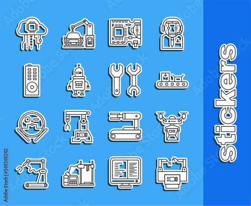 Set line Assembly line, Drone delivery concept, Conveyor belt with cardboard box, Printed circuit PCB, Robot, Remote control, Internet of things and Spanner icon. Vector