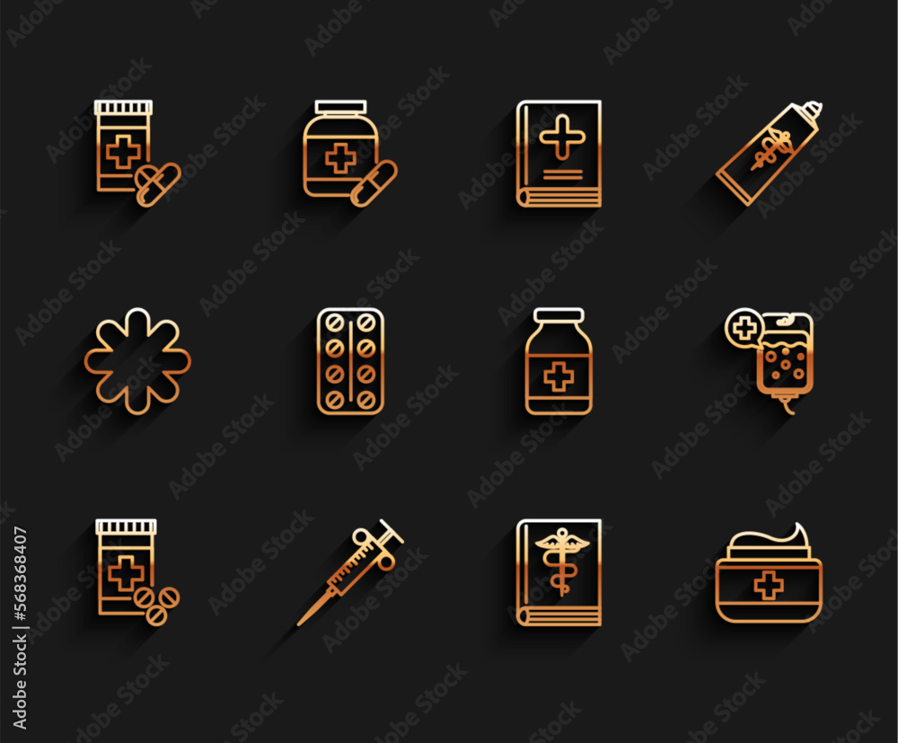 Set line Medicine bottle and pills, Syringe, Medical book, Ointment cream tube medicine, Pills blister pack, IV bag and icon. Vector Set line Medicine bottle and pills, Syringe, Medical book, Ointment cream tube medicine, Pills blister pack, IV bag and icon. Vector