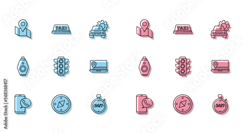 Set line Taxi call telephone service, Compass, Folded map with location marker, Stopwatch 24 hours, Traffic light, Laptop, Car key remote and car roof icon. Vector