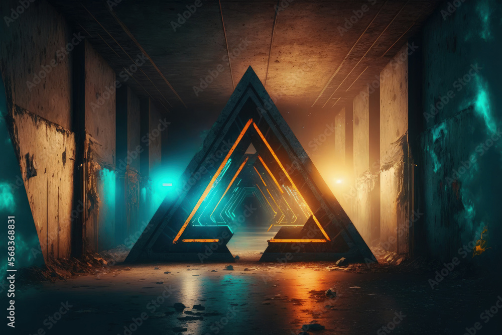Triangle shaped metal construction structure with neon dancing lights ...