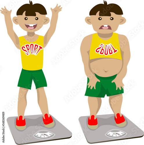 Sports boy is weighed on the scales. The boy is happy. The fat man is weighed on the scales. The boy is upset.