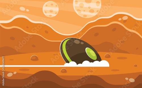 Crashed flying saucer. Alien craft on mars planet. Unidentified Flying Object UFO. Vector illustration