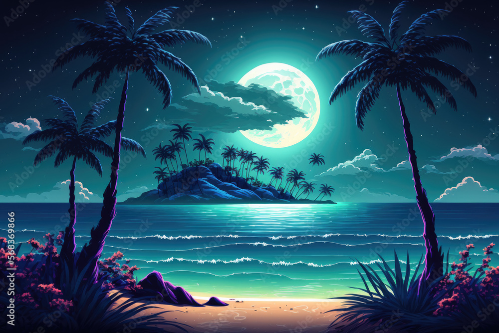 ภาพประกอบสต็อก Beautifully imagined tropical beach at night, with stars