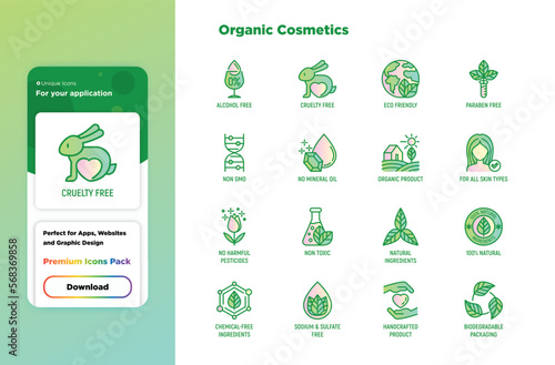 Organic cosmetics set of thin line icons for product packaging. Cruelty free, 0% alcohol, natural ingredients, paraben free, eco friendly, no mineral oil, non GMO. Modern vector illustration.