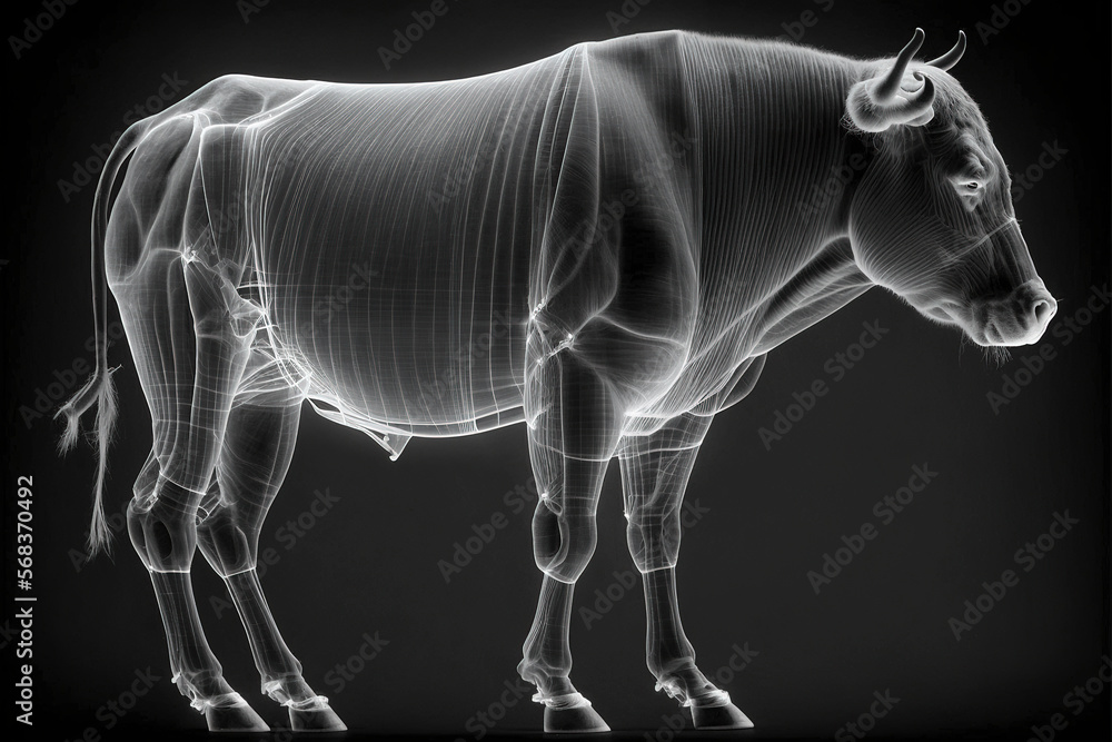Obraz premium Bull x-ray style. X-ray of Raw whole cow. Creative Art abstract. Created with Generative AI technologycreated with Generative AI technology