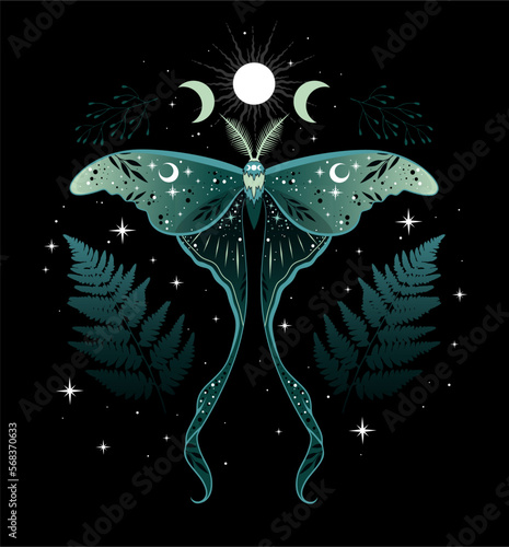 Vector illustration of green moon moth. For print for T-shirts and bags, decor element. Mystical and magical, astrology illustration