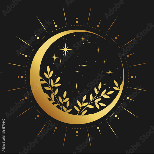 The crescent moon with herbs and stars. Wicca, alchemy, mystical, magic, celestial, esoteric, sacred, spiritual, occultism inspired concept. Hand drawn vector