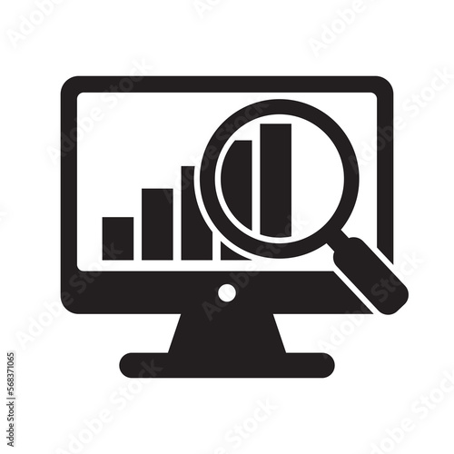 Screen with bar chart icon, computer monitor with report icon, online monitoring icon, statistics icon. Analysis concept isolated on white background.