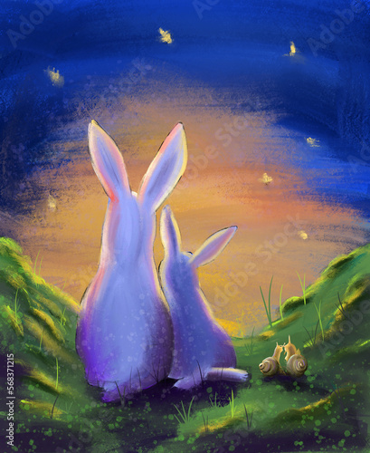 Drawing lovers bunnies and snails look at the stars