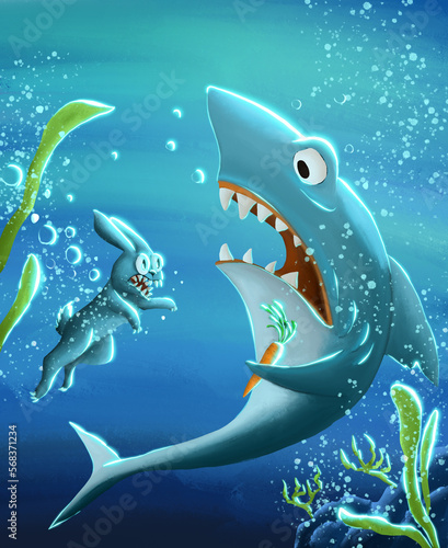 Drawing of a frightened shark and an angry hare who fights for his carrot