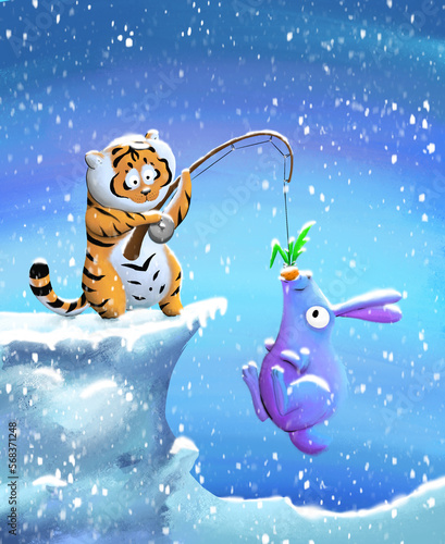Drawing of a tiger of a winter fisherman with a catch of a bunny