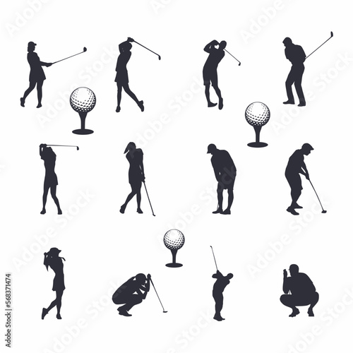 set of collection golf with silhouette male and female player