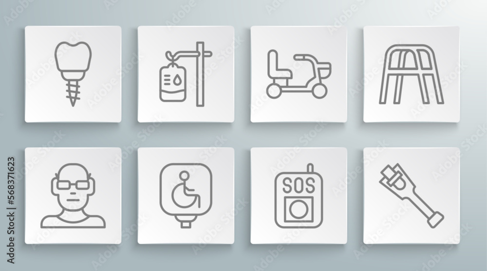 Set line Poor eyesight, IV bag, Disabled wheelchair, Press the SOS button, Prosthesis leg, Electric, Walker and Dental implant icon. Vector Set line Poor eyesight, IV bag, Disabled wheelchair, Press the SOS button, Prosthesis leg, Electric, Walker and Dental implant icon. Vector