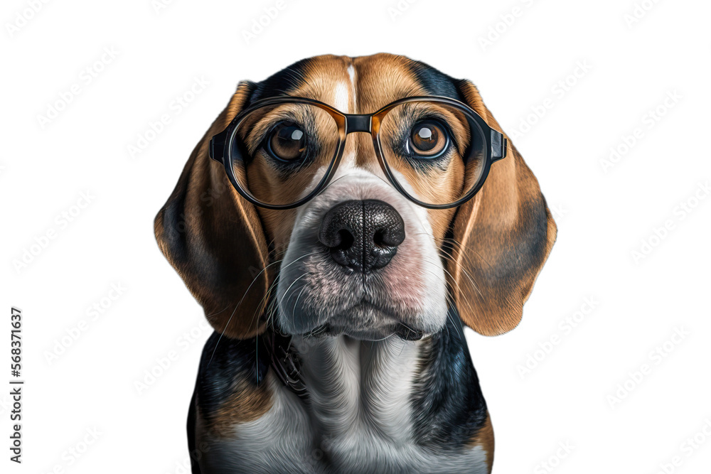 The most beautiful Beagle dog in glasses isolated on a white background. Portrait of a cute Beagle dog. Generative AI with post-processing