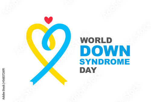 Stylish postcard with a yellow-blue heart-shaped ribbon. World Down Syndrome Day. Vector illustration