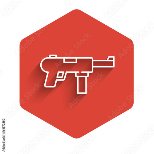 White line Submachine gun M3, Grease gun icon isolated with long shadow. Red hexagon button. Vector