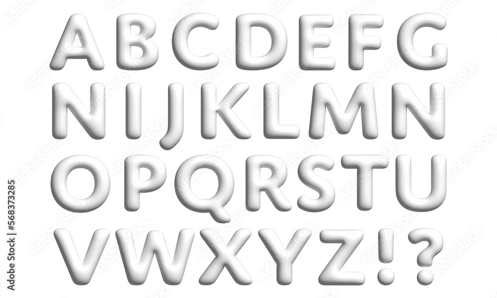 White 3D Font of English Alphabet w Punctuation Marks, Interrogative and Exclamatory. 3D Illustration