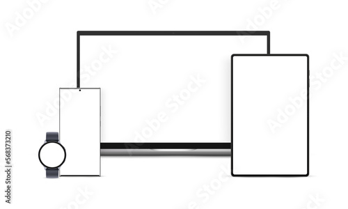 Set of Modern Electronic Devices With Blank Screens. Laptop, Tablet, Frameless Smartphone and Wrist Watch. Vector Illustration