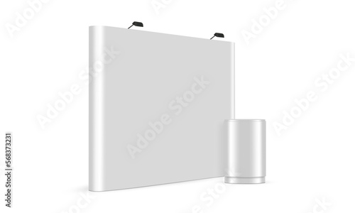 Pop Up Display Stand With Table for Exhibitions, Blank Mockup for Your Designs, Isolated on White Background. Vector Illustration