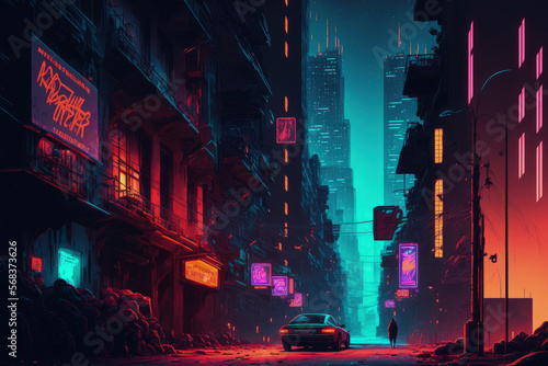A street in a futuristic metropolis is depicted in photorealistic illustration. neon lit nighttime setting a cityscape in the cyberpunk fashion. gloomy urban environment. Generative AI