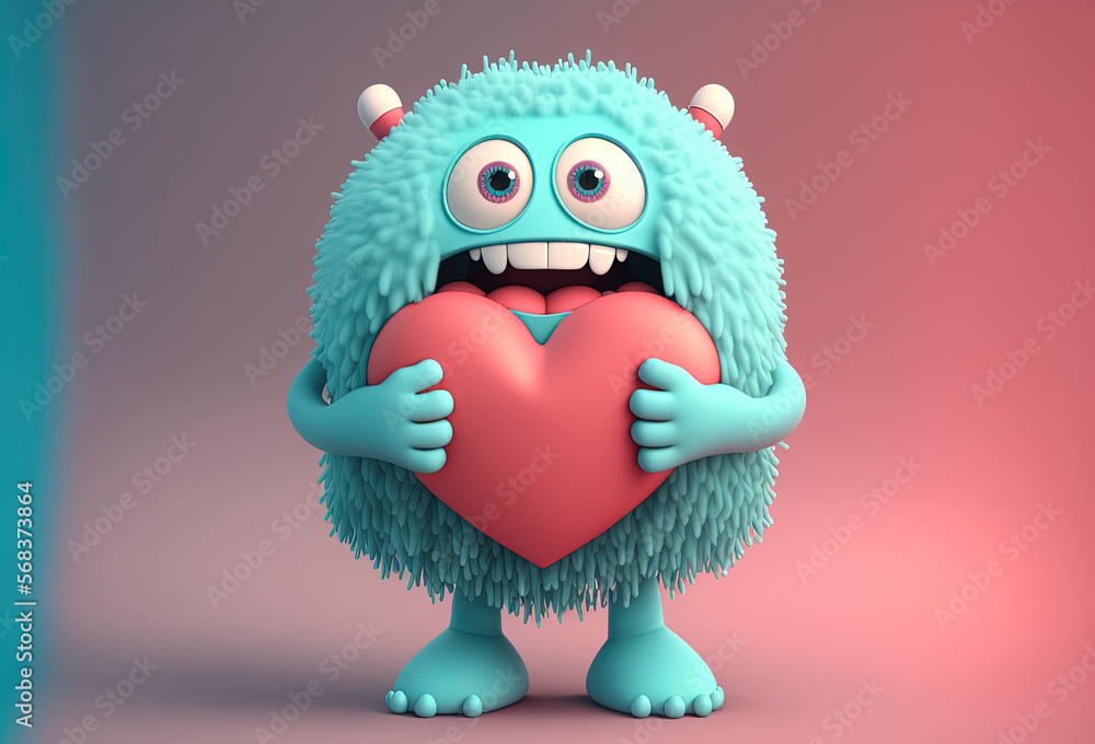3D character is a cute monster holding a heart. Funny toothy alien gives heart, confesses his love on pastel background. AI generated 3D character is a cute monster holding a heart. Funny toothy alien gives heart, confesses his love on pastel background. AI generated