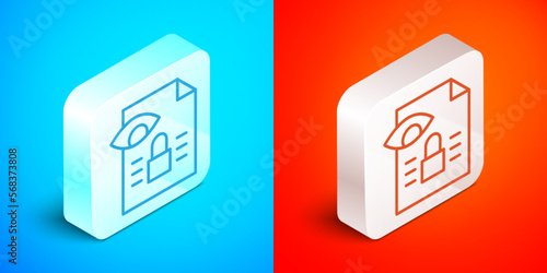 Isometric line Journalistic investigation icon isolated on blue and red background. Financial crime, tax evasion, money laundering, corruption. Silver square button. Vector
