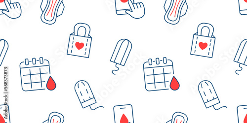 Woman Menstruation seamless pattern with line icons set