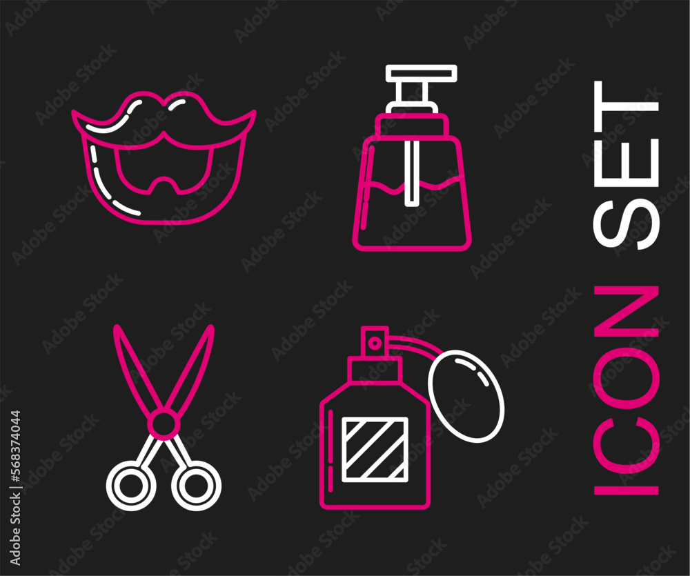 Set line Aftershave, Scissors hairdresser, and Mustache and beard icon. Vector Set line Aftershave, Scissors hairdresser, and Mustache and beard icon. Vector