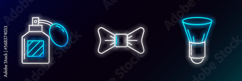 Set line Shaving brush, Aftershave and Bow tie icon. Glowing neon. Vector