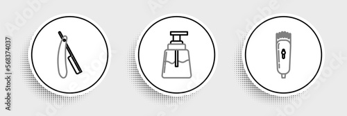 Set line Electrical hair clipper or shaver, Straight razor and Aftershave icon. Vector