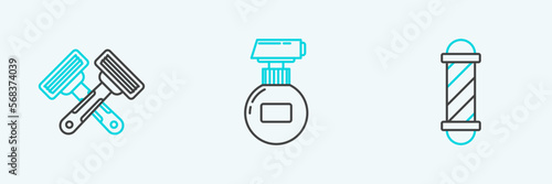 Set line Classic Barber shop pole, Crossed shaving razor and Cream lotion cosmetic tube icon. Vector