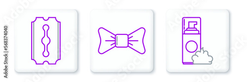 Set line Shaving gel foam, Blade razor and Bow tie icon. Vector