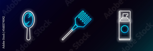Set line Shaving gel foam, Hand mirror and Hairbrush icon. Glowing neon. Vector