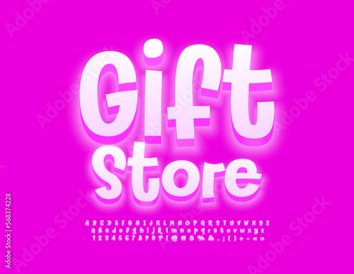 Vector artistic logo Gift Store with White glowing Font. Decorative funny Alphabet Letters, Numbers and Numbers set